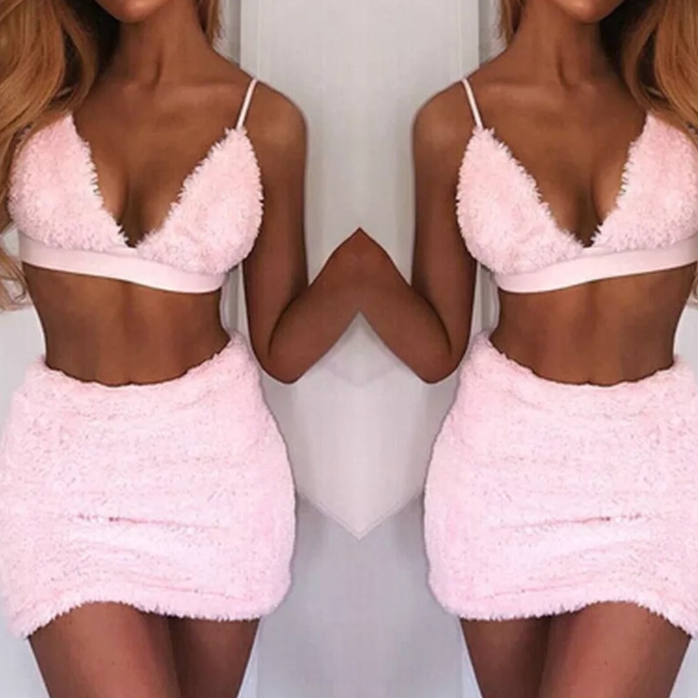 Fuzzy pink furry skirt crop top fluffy bunny faux fur Sherpa soft bikini sexy G1